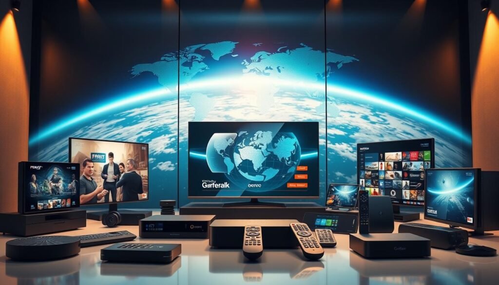 Hoxtoon Provider - a vibrant, ultra-high-definition IPTV service against a sleek, modern backdrop. In the foreground, an array of streaming devices, remotes, and digital displays showcase the comprehensive entertainment options. The middle ground features a dynamic, customizable user interface, hinting at the seamless browsing and content discovery experience. In the background, a subtle world map and satellite imagery convey the global reach and advanced infrastructure powering the service. Soft, warm lighting illuminates the scene, creating a sense of comfort and accessibility. The overall composition exudes a professional, yet approachable atmosphere, reflecting Hoxtoon Provider's position as America's premier IPTV service.