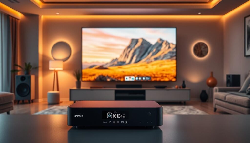 IPTV4K technology with Hoxtoon Provider, a sleek high-tech setup in a modern living room. In the foreground, a sophisticated IPTV4K set-top box with a seamless interface, surrounded by a minimalist entertainment system. In the middle ground, a large 4K OLED TV displays vibrant, high-resolution content. The background features smart home elements like voice-controlled lighting and AI-powered virtual assistant, creating an immersive, futuristic atmosphere. The scene is illuminated by warm, indirect lighting, casting a cozy glow. The overall composition conveys the power and convenience of IPTV4K technology for a premium home entertainment experience.