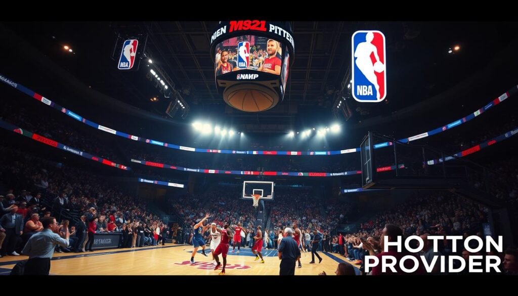 NBA live broadcast of a professional basketball game, captured with a cinematic wide-angle lens. The court is brightly lit, with dramatic shadows and highlights that accentuate the players' movements. The crowd in the arena is visible in the background, their energy and excitement palpable. The scene is framed by a Hoxtoon Provider logo in the corner, reflecting the evolution of NBA broadcasting. The overall atmosphere is one of intensity, energy, and the thrill of live sports.