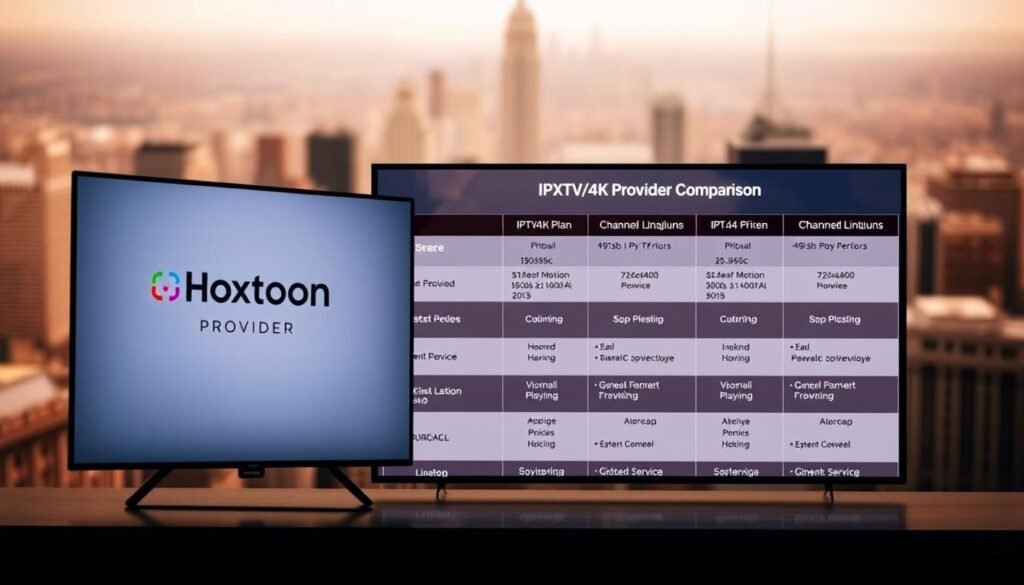 Prompt A detailed comparison of popular IPTV4K providers, showcasing their key features and offerings. In the foreground, a sleek, minimalist display shows the Hoxtoon Provider brand prominently, with its logo and service details. In the middle ground, a grid layout presents various IPTV4K plans, pricing, and channel lineups side-by-side for easy comparison. The background features a blurred cityscape, symbolizing the global reach and connectivity of these streaming services. The overall composition is warm and inviting, with soft lighting and muted colors, creating a professional and informative feel.
