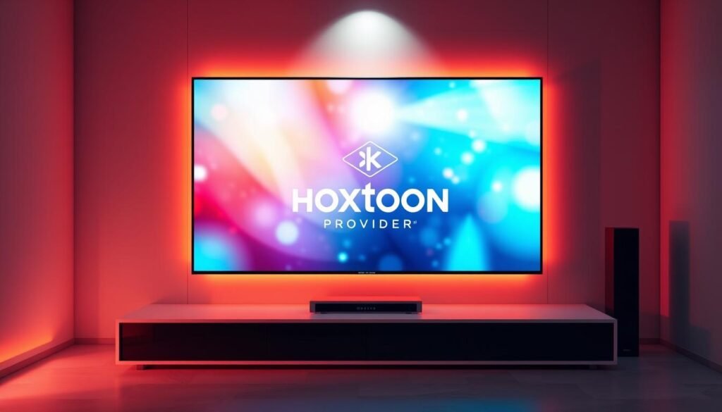 Prompt A sleek, modern interface showcasing the Hoxtoon Provider brand, with a focus on crisp, high-quality 4K IPTV live entertainment. The scene depicts a stylized TV screen displaying a vibrant, immersive visual experience, surrounded by a minimalist, technology-forward environment. Dramatic lighting highlights the screen, creating a sense of depth and drawing the viewer's attention to the content. The Hoxtoon Provider logo is prominently featured, conveying a sense of professionalism and reliability. The overall aesthetic is clean, sophisticated, and designed to evoke a premium, cutting-edge IPTV service.