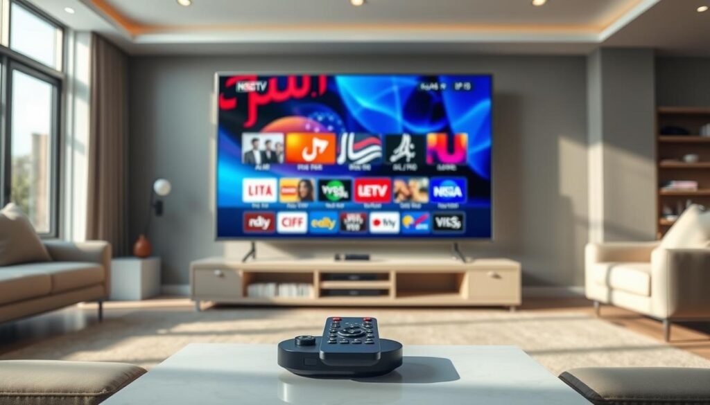 Prompt A sleek, modern interior with a large television displaying vibrant Arabic IPTV channels, showcasing the cost-effectiveness and convenience of the Hoxtoon Provider streaming service. The room is well-lit with natural sunlight filtering through large windows, creating a warm and inviting atmosphere. In the foreground, a minimalist coffee table holds a remote control, emphasizing the simplicity of the setup. The middle ground features comfortable seating, and the background includes shelves or cabinets, hinting at the extensive channel selection available through the IPTV service. The overall scene conveys the benefits of a seamless, high-quality, and budget-friendly Arabic channel streaming experience.