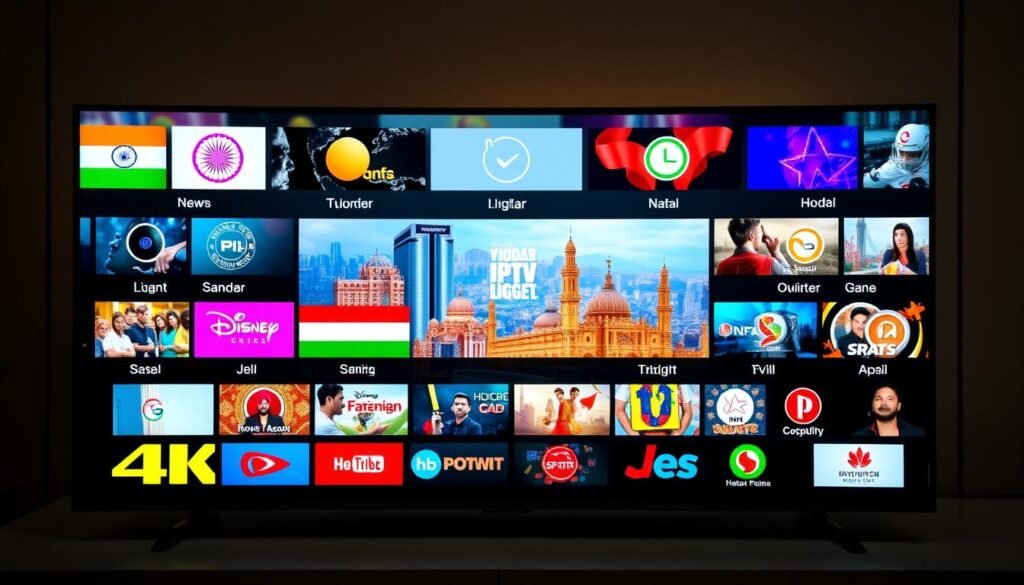 Vibrant and vivid 4K IPTV live Indian channels, showcased on a sleek, modern Hoxtoon Provider interface. A dynamic array of content from diverse regions, displayed with stunning visual clarity and rich, immersive color palettes. The foreground features prominent channel logos and icons, while the middle ground showcases a variety of programming genres, from news and entertainment to sports and culture. The background is a softly blurred cityscape, hinting at the global reach and connectivity of these Indian channels. Lighting is balanced, with a touch of dramatic flair, creating a sense of depth and dimension. The overall mood is one of technological sophistication and cultural abundance.