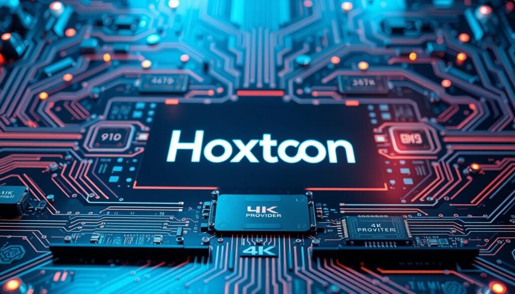 a detailed, cutting-edge 4K streaming technology display with a sleek, futuristic design, featuring the Hoxtoon Provider brand in the center, surrounded by intricate circuit boards, data visualizations, and digital elements that convey the advanced capabilities of modern 4K streaming; the image has a cool, metallic color palette with gentle light reflections, creating a high-tech, immersive atmosphere that showcases the revolutionary power of 4K streaming technology