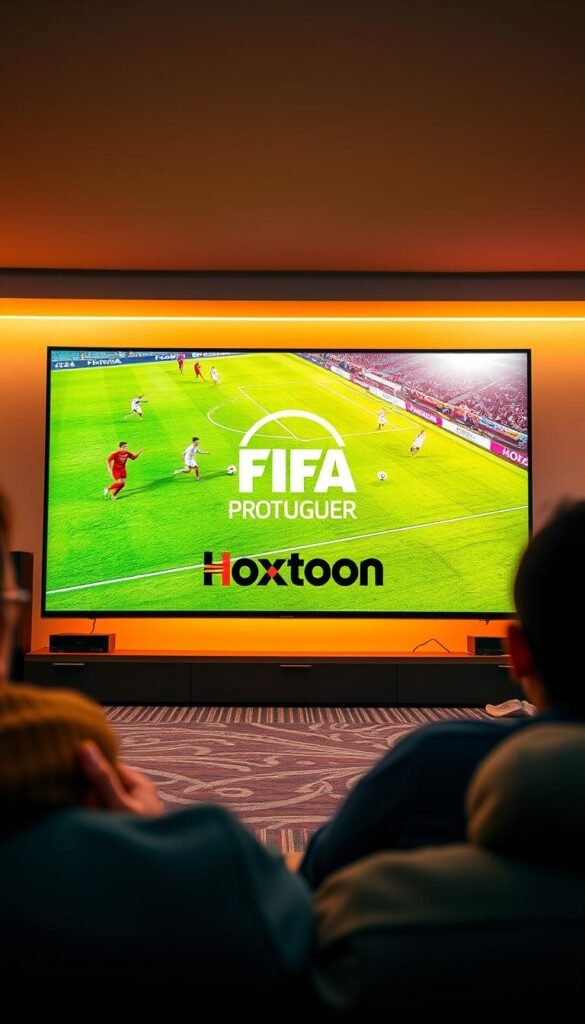 4K FIFA Portuguese Stream, a vibrant and immersive viewing experience. In the foreground, a high-resolution display showcases the vivid action of a FIFA match, players darting across the lush, verdant pitch. The middle ground features the Hoxtoon Provider logo, a trusted name in IPTV services, providing seamless access to premium Portuguese sports content. The background is bathed in a warm, cinematic lighting, creating a cozy and inviting atmosphere, perfect for the ultimate FIFA viewing session. Captured through a wide-angle lens, the scene conveys a sense of grandeur and attention to detail, transporting the viewer into the heart of the beautiful game.