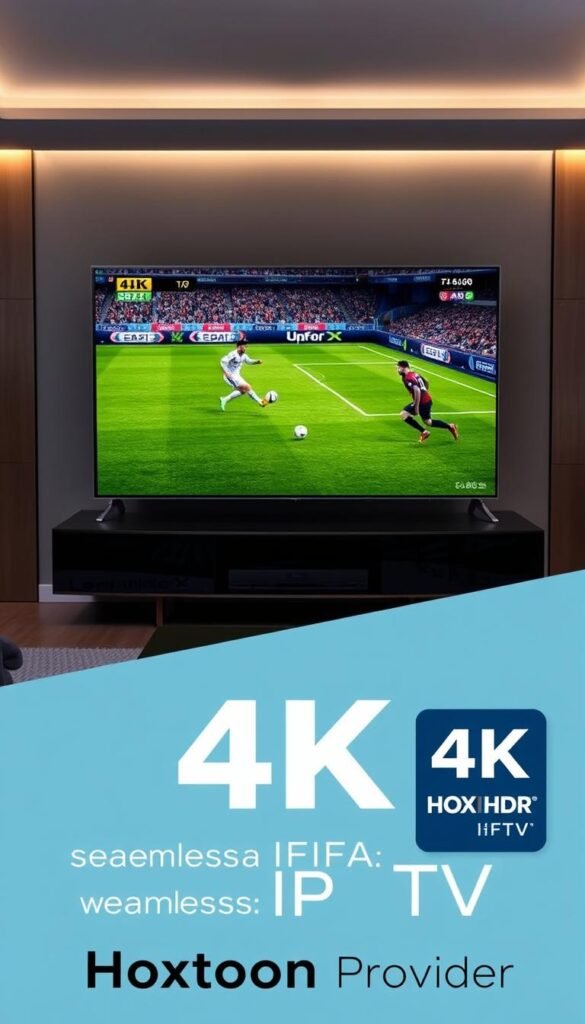 4K HDR football match being played on an ultra-high-definition TV screen, surrounded by a modern, minimalist living room setup. The game features lifelike player models and crisp, detailed visuals, creating an immersive and lag-free viewing experience. The Hoxtoon Provider logo is prominently displayed in the lower-right corner, emphasizing the seamless 4K IPTV service powering this exceptional FIFA viewing experience.