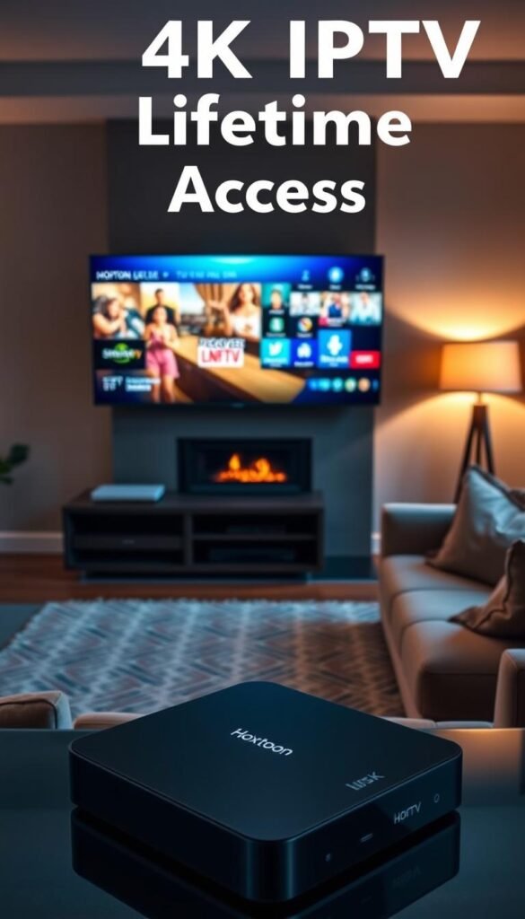 4K IPTV lifetime access benefits showcasing a modern, well-equipped home entertainment setup. In the foreground, a sleek, high-end 4K TV displays crisp, vibrant video content. In the middle ground, a Hoxtoon Provider set-top box blends seamlessly into the living room decor, symbolizing the convenience of the lifetime IPTV service. The background features a cozy, dimly lit living space with plush furniture, creating a relaxing atmosphere for immersive viewing. Soft, warm lighting from floor lamps and a fireplace accentuates the premium, luxurious feel of the scene. The entire composition conveys the effortless enjoyment and long-term value of 4K IPTV lifetime access provided by Hoxtoon, the best IPTV provider in the USA.