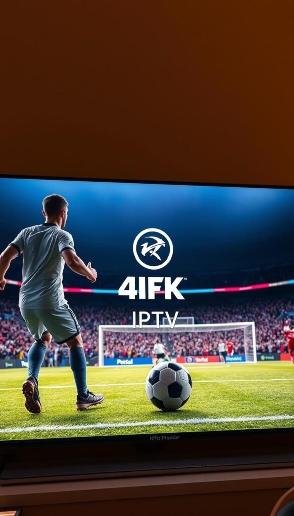 4K IPTV screen displaying a FIFA soccer match, with a Hoxtoon Provider logo prominently displayed. The image shows a clean, modern interface with crisp, vibrant 4K video quality. In the foreground, a soccer player is poised to take a shot, the ball frozen in mid-air. The background features a dimly lit stadium, with the crowd cheering in the distance, captured by a wide-angle lens. Warm, natural lighting illuminates the scene, creating a sense of immersion and excitement. The overall mood is one of high-quality, reliable IPTV technology elevating the FIFA viewing experience.