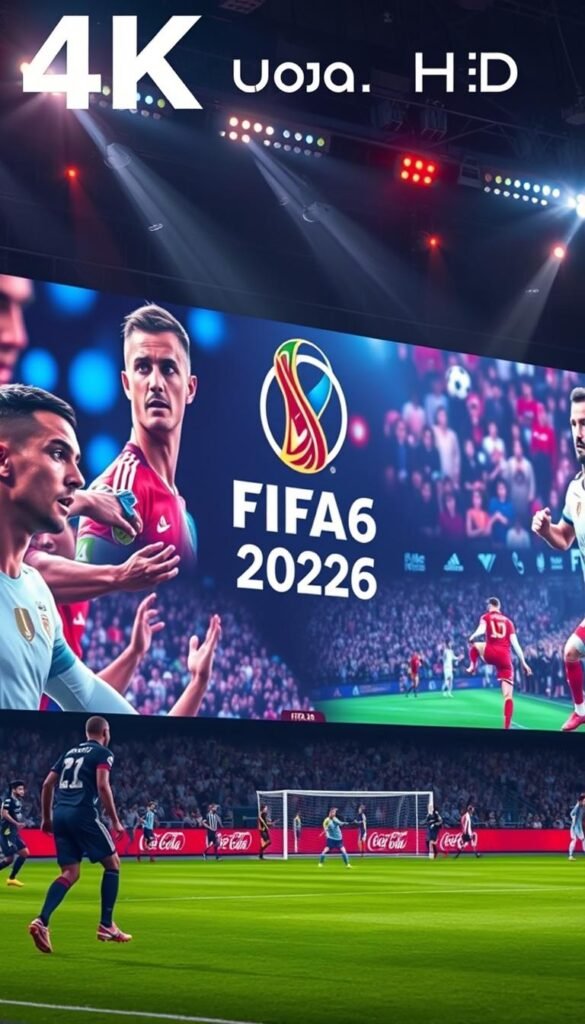 4K Ultra HD FIFA 2026 coverage shown on a massive, ultra-high-definition display. Bright, vivid colors bring the action to life, with players' faces and movements captured in stunning detail. The camera angles shift dynamically, providing an immersive, cinematic viewing experience. Dramatic lighting accentuates the intensity of the match, creating a sense of electricity in the air. In the background, the Hoxtoon Provider logo symbolizes the cutting-edge technology powering this revolutionary 4K broadcast, elevating the FIFA viewing experience to new heights.