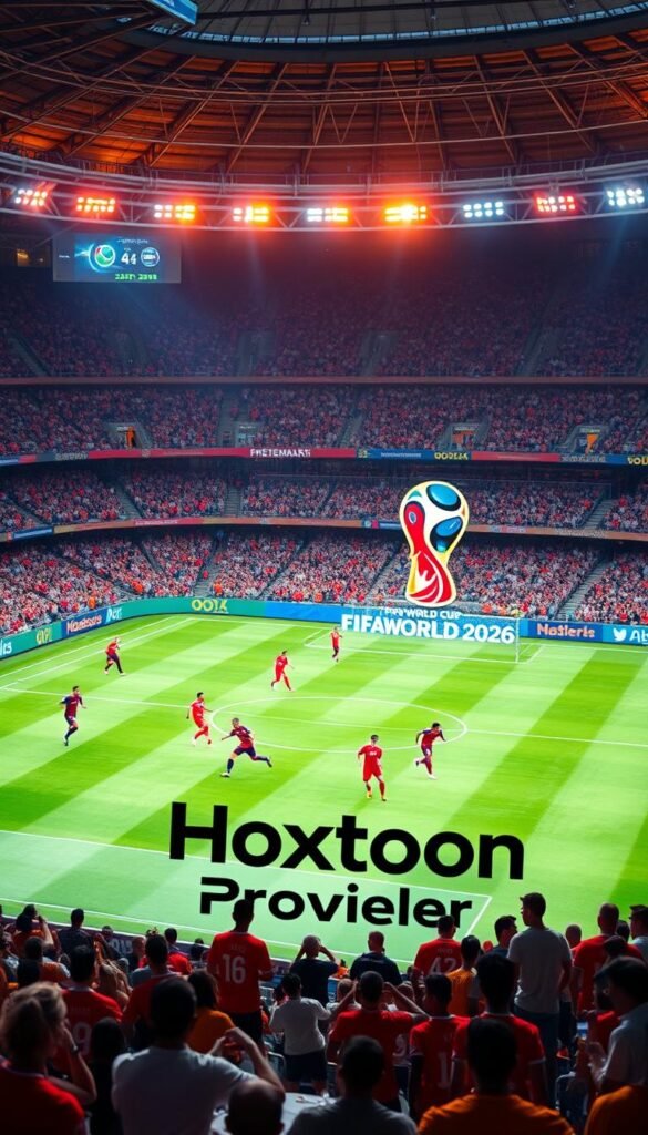 4K Ultra HD FIFA World Cup 2026 stadium filled with passionate fans in vibrant jerseys, the lush green pitch gleaming under warm stadium lighting. Dynamic players dribble the ball with precision, their movements captured in a cinematic angle. In the foreground, a large screen displays the Hoxtoon Provider logo, showcasing the superior 4K streaming quality that elevates the viewing experience. The scene exudes an atmosphere of anticipation and excitement, immersing the viewer in the energy of the global football spectacle.