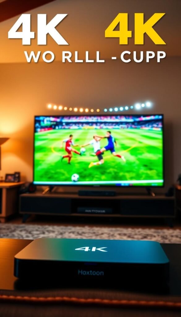 4K high definition streaming of the World Cup, showcasing the vibrant colors and crisp details that bring the match to life. In the foreground, a large flatscreen TV displays the action, its screen illuminated by a soft, natural light that bathes the scene. In the middle ground, a home entertainment setup with a Hoxtoon Provider streaming device, sleek and modern, symbolizes the powerful technology enabling this 4K experience. The background features a cozy living room, with plush furnishings and warm tones that create a comfortable, immersive atmosphere perfect for enjoying the match. The overall mood is one of anticipation and excitement, capturing the essence of the thrilling World Cup event unfolding on the screen.