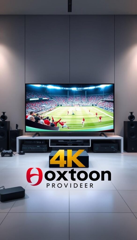 4K live sports IPTV set against a sleek, modern backdrop. A large, high-resolution display showcases a dynamic sports event, surrounded by state-of-the-art streaming hardware and accessories. In the foreground, the Hoxtoon Provider logo stands prominently, signifying the premium quality and reliability of this 4K IPTV service. Soft, directional lighting illuminates the scene, creating depth and emphasizing the technological prowess. The overall atmosphere exudes a sense of excitement and immersion, perfectly capturing the thrill of live sports streaming in stunning 4K resolution.