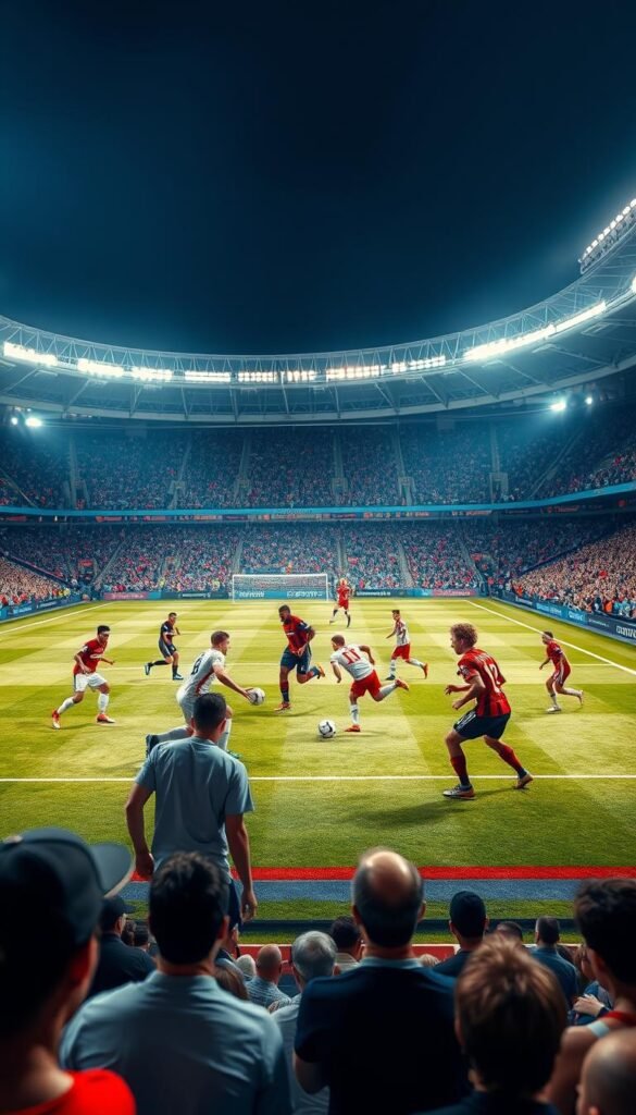 4K sports streaming capturing the dynamic atmosphere of a high-intensity football match. In the foreground, a group of elite athletes compete passionately on a meticulously manicured pitch, their movements captured in crisp detail by a professional-grade camera with a wide-aperture lens. The middle ground showcases the energy of the crowd, their faces alight with enthusiasm as they cheer on their favorite players. In the background, the stadium's modern architecture and state-of-the-art lighting system create a captivating visual spectacle, evoking the premium viewing experience offered by Hoxtoon Provider's 4K IPTV service.