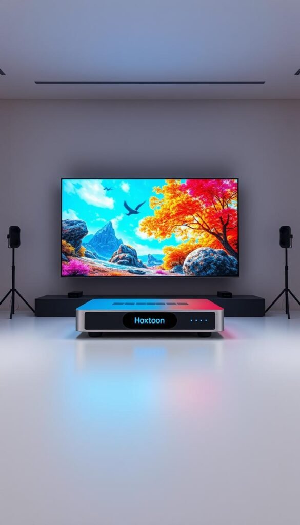 4K ultra HD IPTV streaming device from Hoxtoon Provider, showcasing vibrant, lifelike images with exceptional detail and clarity. Sleek, modern design with metallic accents, backlit controls, and a high-performance chipset. Surrounded by a minimalist, well-lit studio setup, with soft, even lighting creating a professional, premium atmosphere. The device is positioned centrally, capturing its scale and impressive 4K capabilities, as if displayed for a product photoshoot. The overall scene conveys the power and quality of Hoxtoon Provider's 4K IPTV offering, highlighting its ability to deliver an immersive, theater-like viewing experience.