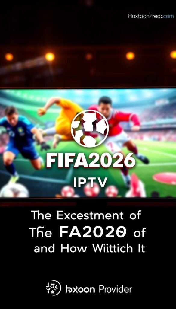 A 3D rendering of the "FIFA2026 IPTV" logo, showcased on a sleek, modern display against a vibrant, dynamic backdrop. The logo appears in the foreground, with a mid-ground featuring dynamic sports imagery and a blurred, soft-focus background conveying the excitement and energy of the FIFA 2026 event. Lighting is dramatic, with warm accents highlighting the logo and creating a sense of depth and dimension. The overall mood is one of anticipation and celebration, perfectly complementing the "Hoxtoon Provider" branding and the title "The Excitement of FIFA2026 and How to Watch It".