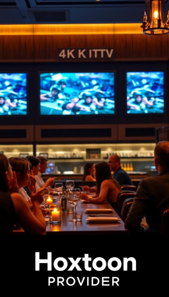 A 4K IPTV setup in an upscale restaurant setting, with sleek modern displays showcasing high-quality video content. Subtle lighting illuminates the space, creating a warm and inviting ambiance. In the foreground, a Hoxtoon Provider logo is prominently displayed, highlighting the brand's premium entertainment solution. Diners are engaged, their gaze fixed on the screens, immersed in the captivating visuals. The overall scene conveys the transformative impact of quality entertainment on the customer experience, elevating the restaurant's atmosphere and setting the stage for an unforgettable dining experience.