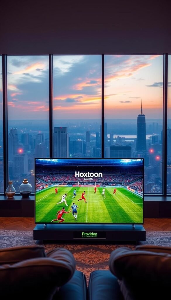 A 4K IPTV sports streaming experience with vibrant colors and crisp details. In the foreground, a large flat-screen TV showcases a live football match, players dashing across the field in high definition. In the middle ground, a sleek modern entertainment system, the Hoxtoon Provider logo prominently displayed. The background blends a cozy living room setting with a panoramic city skyline visible through large windows, hinting at the global reach of the service. Soft, warm lighting creates an immersive atmosphere, inviting the viewer to sit back and enjoy the ultimate 4K IPTV sports streaming package from Hoxtoon.