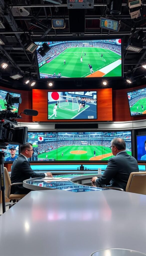 A bustling Japanese sports broadcast studio, with state-of-the-art cameras and lighting setups capturing the action in vivid 4K resolution. Anchors in sleek attire sit at a modern desk, engaged in commentary, while on the large screens behind them, footage of popular Japanese sports leagues like the J-League and Nippon Professional Baseball plays in stunning detail. The atmosphere is one of energy and professionalism, reflecting the growing demand for premium Japanese sports content in the USA, fueled by services like the Hoxtoon Provider IPTV platform.
