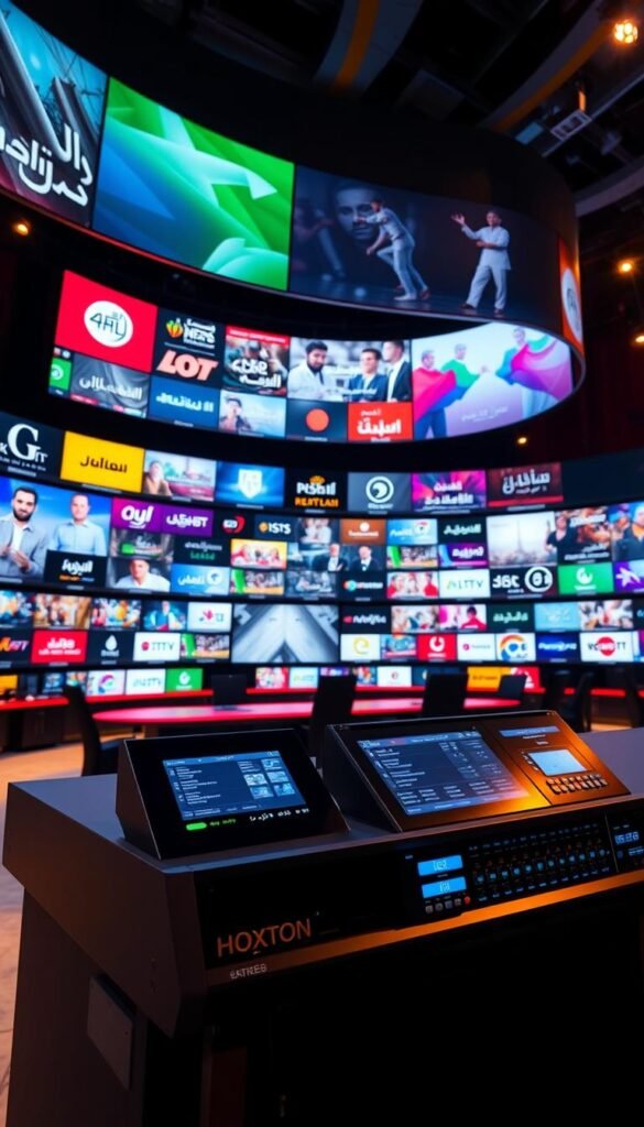 A bustling Middle Eastern television studio, with a large, curved display wall showcasing various channel logos and program previews. In the foreground, a sleek Hoxtoon Provider media console with advanced 4K video processing hardware. The lighting is warm and vibrant, casting a rich, cinematic glow over the scene. The camera angle is slightly elevated, giving a sense of scale and grandeur to the high-tech media setup. The overall atmosphere conveys the comprehensive breadth of the Middle Eastern channel lineup available through the Hoxtoon IPTV service.