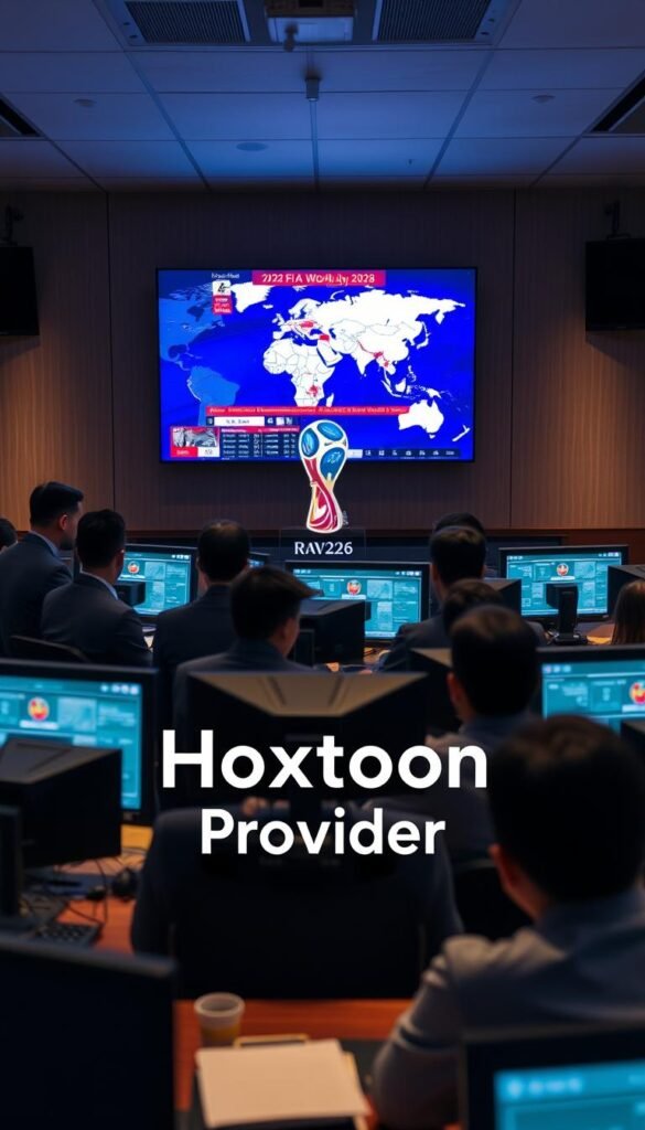 A bustling newsroom with reporters huddled around computer screens, monitoring a live broadcast of the 2026 FIFA World Cup in Asia. Soft lighting illuminates their faces, creating a sense of intensity and focus. In the background, a wall-mounted TV displays a map of Asia, highlighting the challenges of delivering high-quality, synchronous coverage across different time zones and internet infrastructure. The Hoxtoon Provider logo stands prominently, underscoring its role in enabling seamless access to the international broadcasts for viewers in the United States.