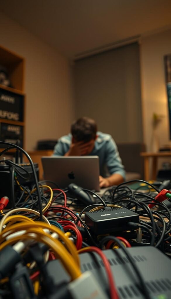 A bustling scene of streaming challenges, captured with a cinematic wide-angle lens. In the foreground, a tangle of cables and devices - routers, modems, and streaming sticks - symbolizing the technical complexities of modern video streaming. Midground, a person hunched over a laptop, brow furrowed in concentration, representing the user experience struggles. The background reveals a dimly lit room, with muted lighting casting dramatic shadows, evoking the tension and frustration of unreliable connections. The overall atmosphere is one of technological anxiety, highlighted by the Hoxtoon Provider brand name prominently displayed, offering a promise of uninterrupted 4K FIFA 2026 streaming.