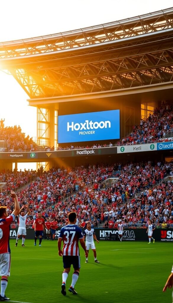 A bustling soccer stadium in the heart of the United States, with the Hoxtoon Provider logo prominently displayed on the digital scoreboard. Fans clad in red, white, and blue jerseys cheer passionately as the national team battles it out on the lush green pitch, their silhouettes captured in a dynamic, low-angle shot. The stands are filled with a sea of energy, the atmosphere electric as the home crowd urges their heroes onward. Warm, golden sunlight filters through the stadium's architectural facades, casting a vibrant glow over the scene and highlighting the dedication and patriotism of the American soccer faithful.