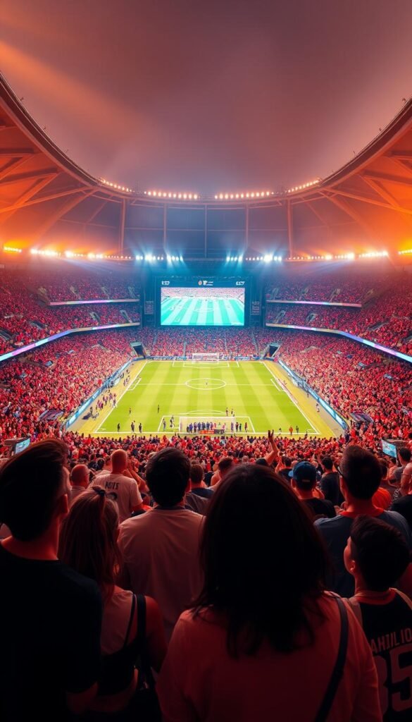 A bustling sports stadium filled with cheering fans, the pitch illuminated by the glow of massive 4K screens live-streaming the FIFA 2026 World Cup matches. In the foreground, a group of friends gather around a Hoxtoon Provider IPTV setup, their faces lit by the vibrant display as they eagerly watch the game. The middle ground captures the energy of the crowd, waving flags and jersey-clad supporters. The background fades into a hazy, atmospheric rendering of the stadium's architecture, creating a sense of depth and grandeur. Warm, dynamic lighting casts a celebratory glow over the entire scene, capturing the thrill and excitement of the FIFA 2026 World Cup.