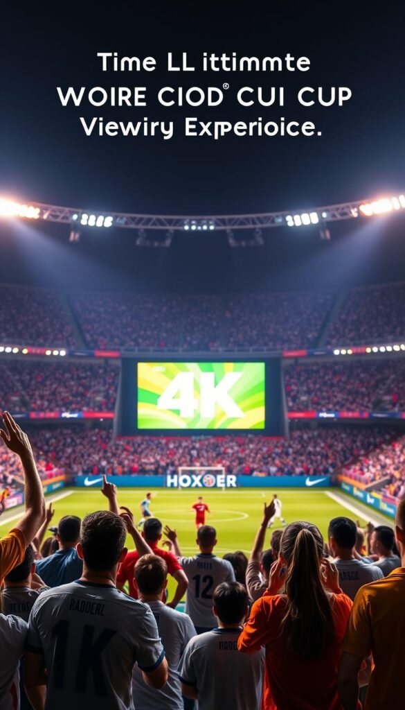 A bustling stadium lit by vibrant floodlights, the pitch in sharp focus as players in national jerseys clash in a heated World Cup match. In the foreground, a group of fans cheering passionately, their faces aglow with excitement. In the middle ground, the Hoxtoon Provider logo shines brightly on a large video screen, showcasing the ultimate 4K viewing experience. The background fades into a blur of spectators, the energy of the crowd palpable. Cinematic angles and realistic lighting bring this thrilling World Cup scene to life, capturing the essence of "The Ultimate World Cup Viewing Experience."