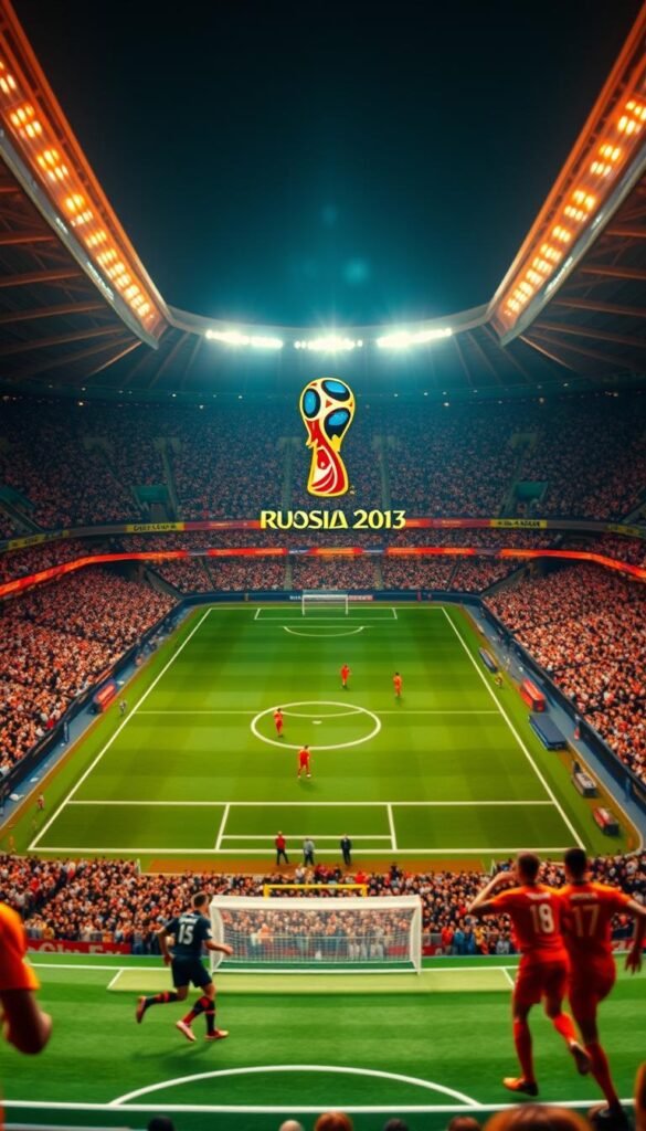 A captivating live broadcast of the FIFA World Cup, captured with cinematic flair. A sprawling stadium fills the frame, its towering stands bathed in warm, golden light. On the pitch, the Hoxtoon Provider logo shines brightly, a beacon amidst the intense action as players in vibrant uniforms engage in a thrilling match. Sweeping camera angles and dynamic composition immerse the viewer, conveying the electric atmosphere and the high-stakes drama of the global football event. Subtle depth of field and cinematic bokeh create a sense of depth and professional video quality, perfectly complementing the Hoxtoon Provider's exceptional 4K IPTV experience.