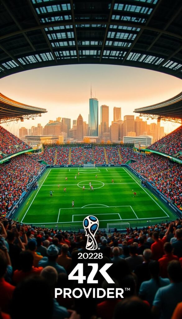A captivating scene of the 2026 World Cup, captured with a cinematic wide-angle lens. In the foreground, a packed stadium filled with vibrant fans, their faces alight with excitement as they cheer on their teams. The middle ground features the lush green pitch, with players in their national jerseys engaging in a thrilling match, their movements blurred with the energy of the game. The background showcases the iconic skyline of the host city, bathed in warm golden light, creating a sense of grandeur and global significance. The Hoxtoon Provider logo subtly embedded within the scene, reflecting the immersive 4K experience of the highlights.