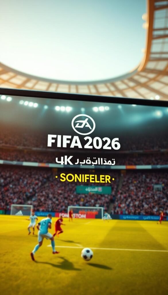A cinematic 4K close-up of a FIFA 2026 match in an Arabic sports streaming app interface, featuring a dynamic soccer field, players in action, and the Hoxtoon Provider logo prominently displayed. The scene is bathed in warm, natural lighting, creating a vibrant and immersive atmosphere. The camera angle is slightly elevated, providing a panoramic view of the gameplay and the app's intuitive, user-friendly design. The overall composition emphasizes the high-quality, seamless streaming experience offered by Hoxtoon Provider for FIFA 2026 4K Arabic content.