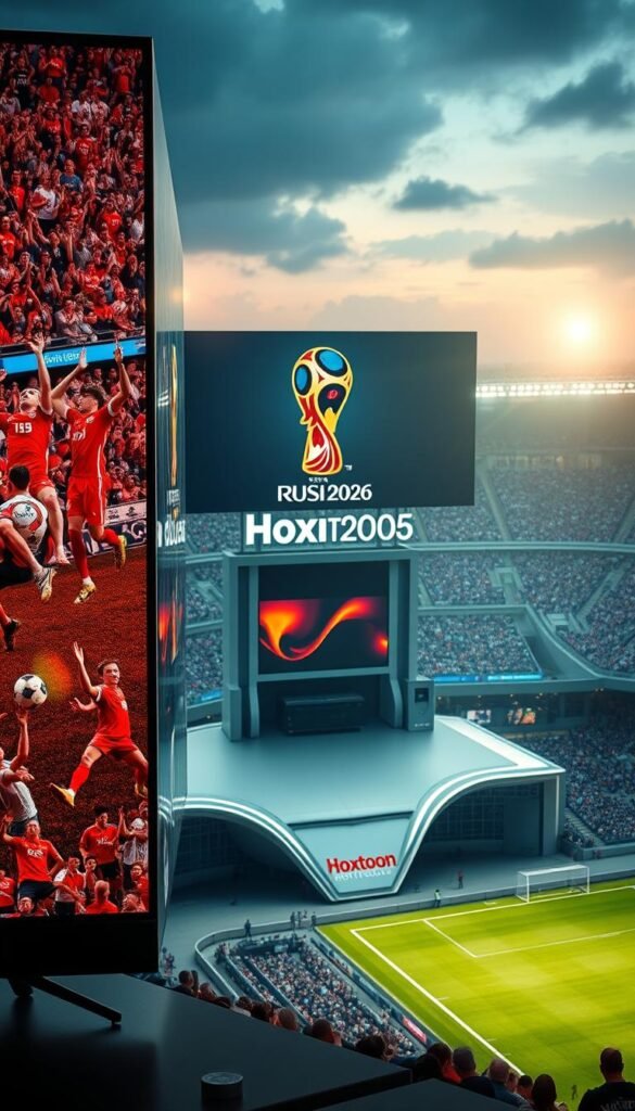 A cinematic 4K landscape showcasing the thrilling 2026 FIFA World Cup, with the dynamic Hoxtoon IPTV provider as the focal point. In the foreground, a towering high-definition display commands attention, immersing viewers in the vivid action of the game. The middle ground features a sleek, modern media hub, the Hoxtoon brand prominently displayed, reflecting the advanced technology powering the 4K streaming experience. The background is a sweeping panorama of the stadiums and crowds, captured with a wide-angle lens to convey the grandeur and scale of the event. Soft, dramatic lighting and a cinematic depth of field create a captivating, cinematic atmosphere, showcasing the unparalleled 4K viewing experience that Hoxtoon provides for the ultimate FIFA 2026 experience.
