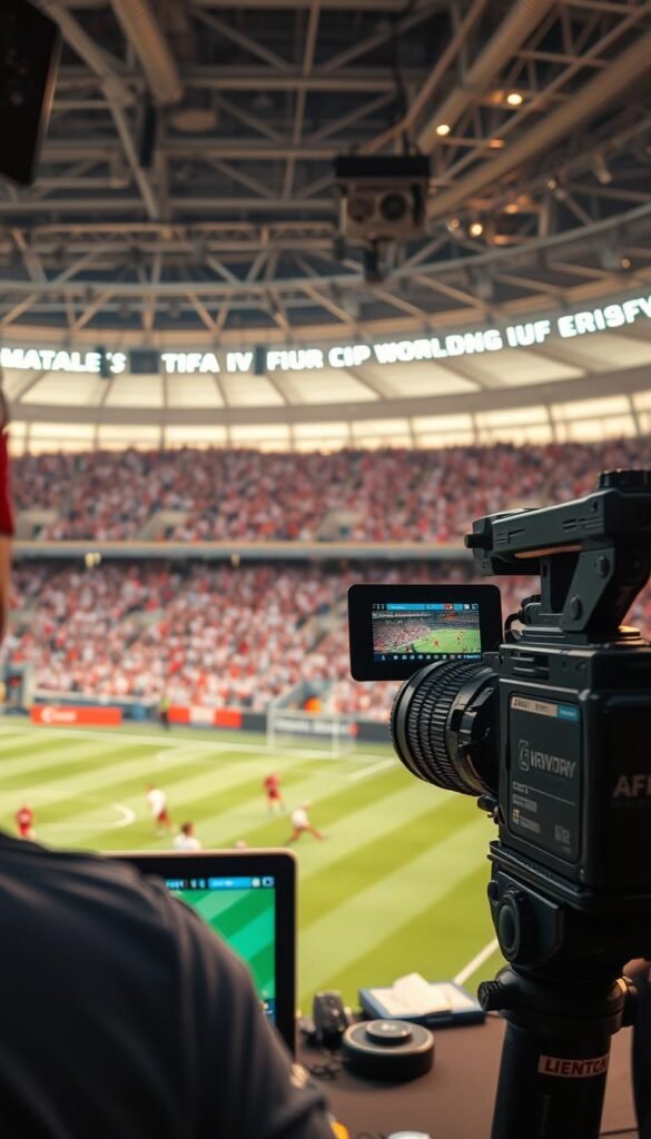 A cinematic 4K live stream of the exhilarating FIFA World Cup, captured with a professional film camera. The foreground showcases the dynamic action on the pitch, with players in vivid detail executing skilled maneuvers. The middle ground features a vast stadium filled with cheering fans, their expressions of joy and excitement conveyed through intricate details. In the background, a modern media control room with state-of-the-art broadcasting equipment, including the Hoxtoon Provider logo, symbolizes the evolution of World Cup coverage. The lighting is warm and natural, creating a sense of immersion and bringing the scene to life. The overall composition and camera angles evoke a sense of grandeur and cinematic flair, befitting the magnitude of the global sporting event.