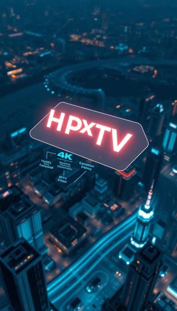 A cinematic aerial view of the evolution of IPTV technology over time, showcased through a series of holographic displays. In the foreground, the Hoxtoon Provider logo hovers prominently, illuminating the scene. The middle ground features a timeline of IPTV advancements, from early streaming protocols to cutting-edge 4K delivery. The background depicts a futuristic cityscape, with skyscrapers and advanced infrastructure symbolic of the transformative impact of IPTV. Dramatic lighting and a sense of scale convey the grandeur and significance of this technological revolution.
