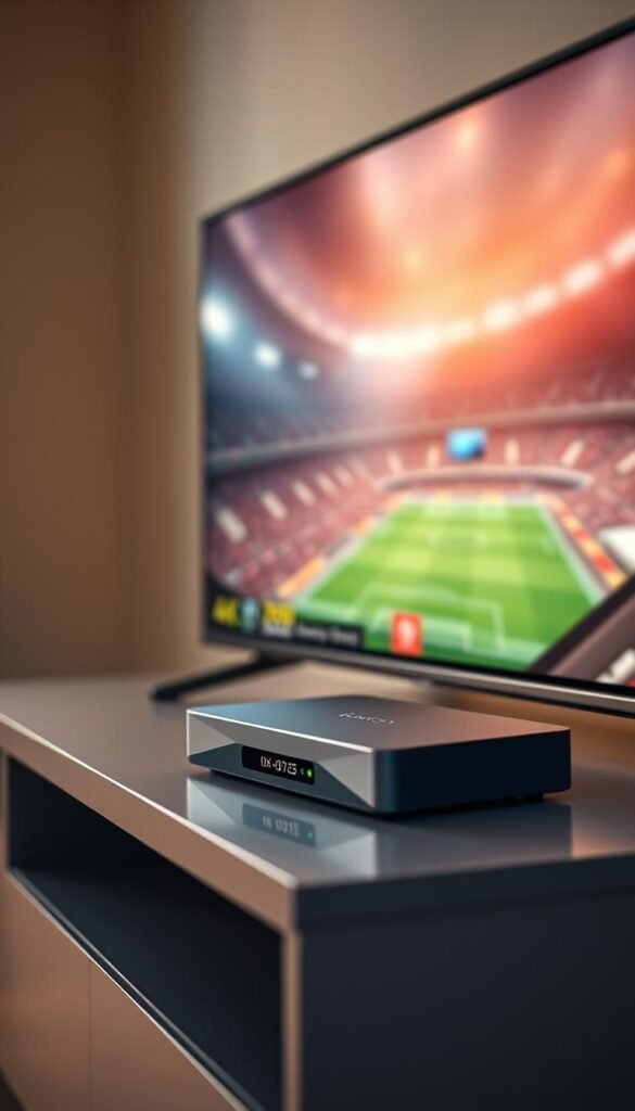 A cinematic, close-up view of a Hoxtoon Provider 4K IPTV set-top box on a sleek, minimalist entertainment center. Soft, warm lighting illuminates the device's clean, angular design, with crisp, high-definition graphics displayed on the screen. The background features a blurred, out-of-focus scene of an immersive sports stadium, hinting at the live 4K FIFA 2026 World Cup broadcast being streamed. The overall mood is one of technological sophistication, seamless connectivity, and an immersive viewing experience that transports the viewer into the heart of the action.