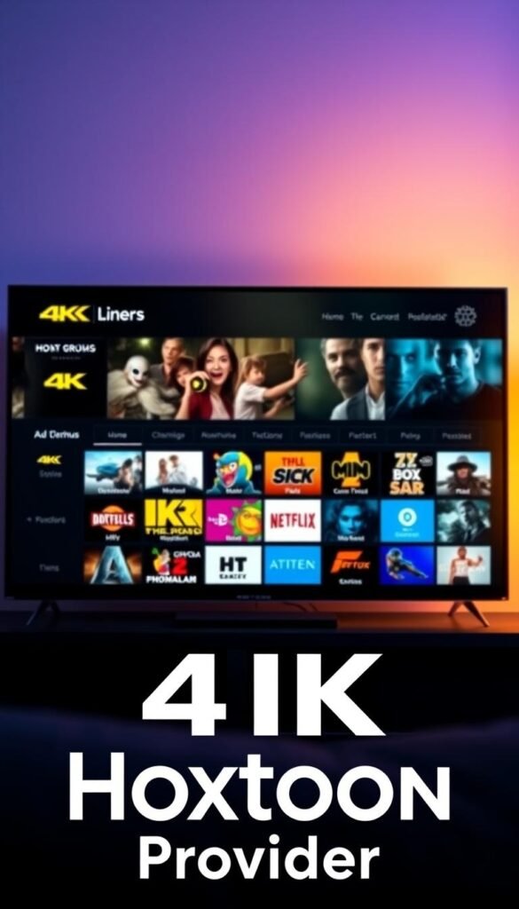 A cinematic high-definition 4K IPTV channel lineup displayed on a sleek, modern television screen. The channels are organized into distinct categories, each with its own unique color-coded icon. The screen is bathed in warm, inviting lighting, creating a cozy and immersive viewing experience. In the foreground, the Hoxtoon Provider logo is prominently featured, subtly underscoring the premium quality of the IPTV service. The overall composition is balanced and visually striking, capturing the essence of a curated 4K IPTV offering.