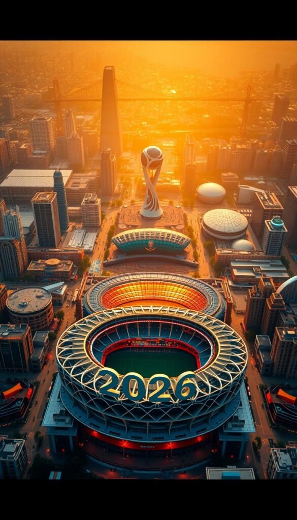 A cinematic overhead view of the stadiums that will host the 2026 FIFA World Cup, rendered in stunning 4K detail. In the foreground, the iconic Hoxtoon Provider logo stands prominently, framed by the grand architectural designs of the modern sports venues. The middle ground showcases the diverse cityscapes that will serve as backdrops, with skyscrapers, bridges, and transportation hubs providing a sense of scale and dynamism. In the distance, the stadiums themselves rise majestically, their sleek, futuristic silhouettes illuminated by warm, golden lighting that creates a sense of anticipation and excitement. The overall atmosphere is one of grandeur, technological prowess, and the global unity that the FIFA World Cup embodies.