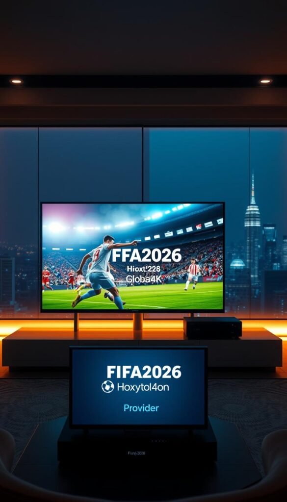 A cinematic scene showcasing the FIFA2026 Global4K Stream. In the foreground, a sleek, high-end television with the "Hoxtoon Provider" logo displayed prominently. The screen displays a captivating football match, with players in sharp, lifelike detail and the crowd roaring in the background. The lighting is warm and rich, creating a sense of immersion and premium viewing experience. In the middle ground, a modern, minimalist entertainment setup with state-of-the-art streaming equipment. The background features a panoramic view of a bustling city skyline, hinting at the global scale and reach of this premier sporting event. An atmosphere of excitement, anticipation, and technological excellence permeates the scene.