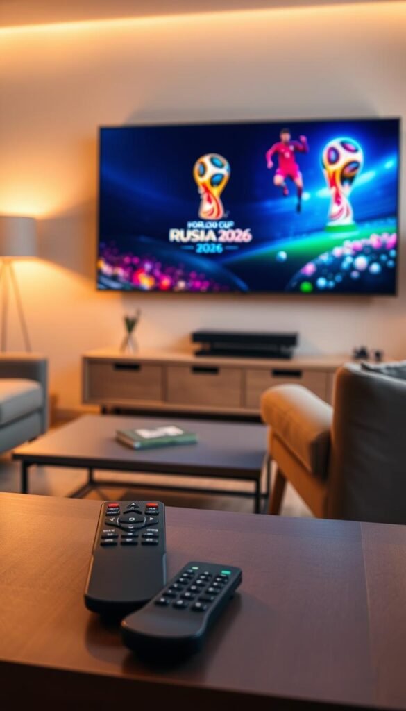 A cinematic view of a living room with a large, high-definition television screen prominently displayed. The screen showcases the Hoxtoon Provider logo and vibrant World Cup 2026 graphics, capturing the excitement and anticipation of the global football event. Soft, warm lighting bathes the scene, creating a cozy and inviting atmosphere. In the foreground, a sleek IPTV remote control lies on a modern, minimalist coffee table, hinting at the seamless user experience. The mid-ground features a comfortable sofa and armchair, suggesting the perfect setup for an immersive World Cup viewing experience. The background subtly blends with the living room decor, allowing the television and Hoxtoon Provider branding to take center stage.