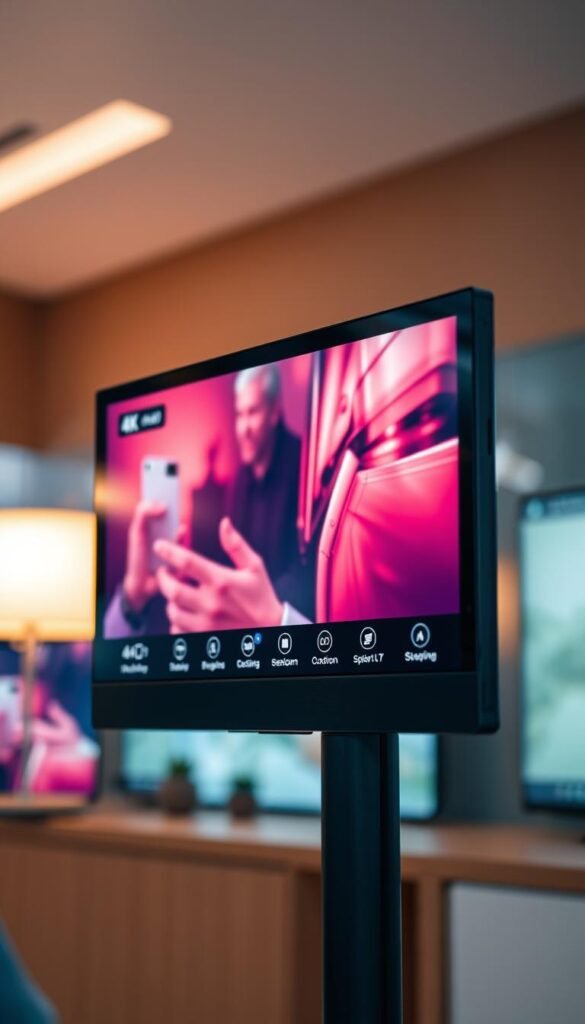 A close-up view of the Hoxtoon Provider 4K streaming technology interface, featuring a sleek and minimalist design. The screen displays a sharp, vibrant 4K video feed, showcasing the impressive resolution and color accuracy. Soft, warm lighting illuminates the scene, creating a sense of depth and clarity. The interface layout is intuitive, with clean icons and smooth animations, highlighting the advanced capabilities of this revolutionary 4K streaming solution. The background is blurred, keeping the focus on the captivating 4K display. The overall atmosphere conveys a sense of technological sophistication and user-friendly experiences.