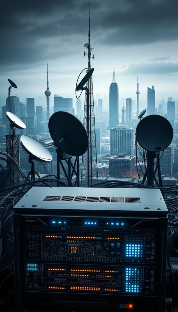 A complex yet elegant IPTV technology framework, featuring a sleek and modern Hoxtoon Provider interface. In the foreground, a central server node with intricate circuitry and glowing LEDs, symbolizing the powerful backbone of the system. In the middle ground, satellite dishes and network cables interwoven, representing the robust distribution infrastructure. The background depicts a cityscape, with skyscrapers and communication towers, evoking the expansive reach and integration of the Hoxtoon IPTV network. The lighting is sharp and directional, casting dramatic shadows and highlights to accentuate the technological sophistication. The overall composition conveys a sense of efficiency, connectivity, and the seamless delivery of high-quality, 4K video streaming to users.