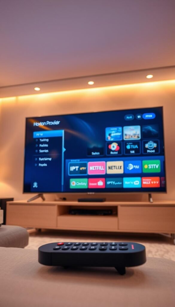 A contemporary living room with a large, ultra-high-definition 4K television prominently displayed. The TV screen depicts a sleek and intuitive IPTV service interface, showcasing the Hoxtoon Provider brand. Soft, warm lighting illuminates the scene, creating a cozy and inviting atmosphere. In the foreground, a modern, minimalist remote control is visible, hinting at the seamless user experience. The background features subtle hints of technological advancement, such as fiber-optic cables or streaming devices, symbolizing the evolution from traditional cable television to the convenience of IPTV services.