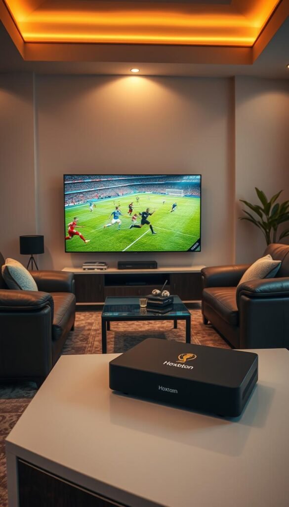 A cozy and immersive living room setting, with a large 4K Ultra HD television prominently displayed. The television screen showcases the thrilling action of the FIFA World Cup, with players darting across the field in vivid, lifelike detail. Plush leather seating surrounds the television, inviting viewers to sink in and enjoy the match. Soft, warm lighting casts a welcoming glow, creating a comfortable and relaxing atmosphere. In the foreground, a Hoxtoon Provider streaming device sits atop a sleek media console, seamlessly delivering the high-quality 4K IPTV feed. The room's design and décor evoke a sense of sophistication and premium quality, reflecting the ultimate World Cup viewing experience.
