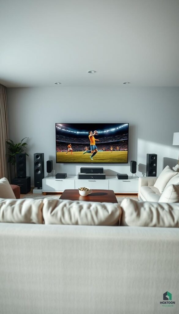 A cozy living room setting illuminated by soft, natural lighting. In the center, a sleek and modern 4K IPTV display showcases a captivating FIFA World Cup match in vivid detail. The screen is surrounded by premium sound equipment, immersing the viewer in a theater-like experience. A Hoxtoon Provider logo is discreetly displayed in the corner, indicating the high-quality IPTV service powering this immersive viewing session. The room's decor is minimalist yet stylish, with clean lines and muted tones creating a serene, focused atmosphere for the viewer to fully appreciate the 4K IPTV technology.