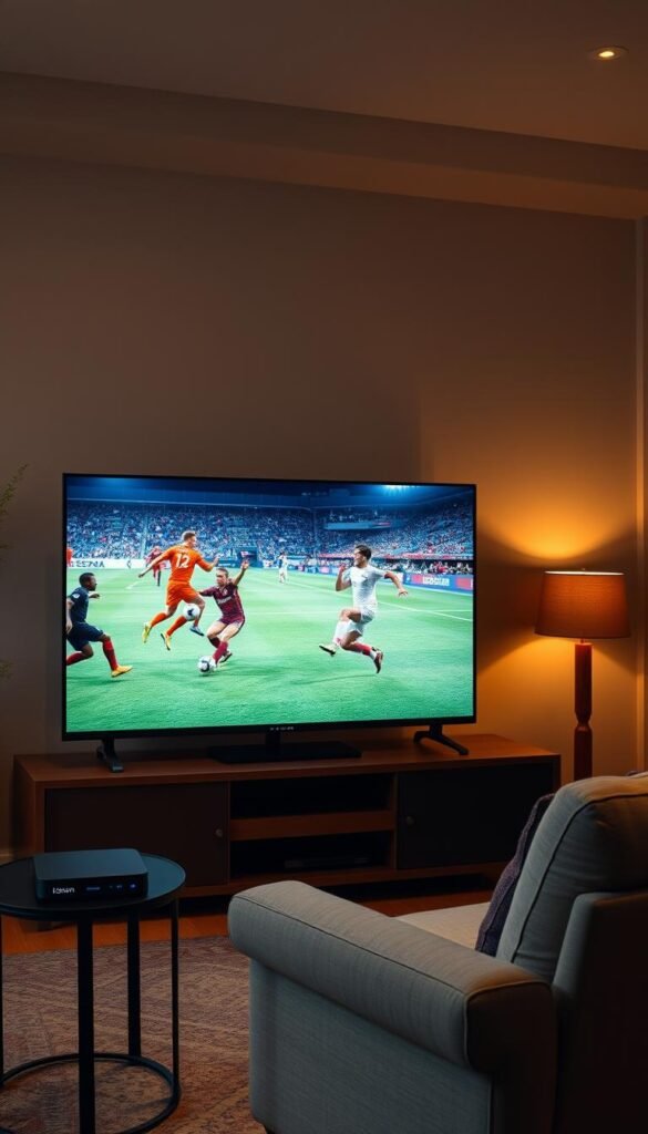 A cozy living room with a large 4K IPTV screen prominently displaying a live sports broadcast. The screen showcases the dynamic action of a soccer match, with players in crisp detail and the stadium's atmosphere palpable. In the foreground, a comfortable armchair and a side table with a Hoxtoon Provider streaming device. Warm, soft lighting illuminates the scene, creating a inviting and immersive atmosphere for the viewer to enjoy the seamless 4K IPTV sports experience.