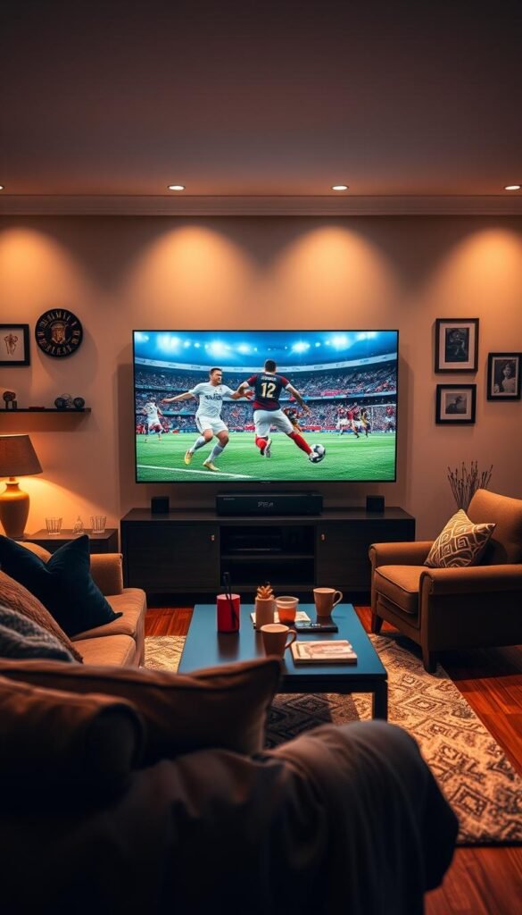 A cozy living room with a large 4K TV screen prominently displayed, showcasing a thrilling FIFA match in vivid detail. The room is bathed in warm, soft lighting, creating a welcoming and immersive atmosphere. In the foreground, a comfortable sofa and armchair invite viewers to sink in and savor the high-quality, reliable IPTV streaming provided by the Hoxtoon Provider. The middle ground features a coffee table with a few snacks and beverages, hinting at the perfect setup for an engaging FIFA viewing experience. In the background, subtle hints of sports memorabilia and wall decor subtly reinforce the theme. The overall scene conveys a sense of comfort, quality, and dedication to the beautiful game.
