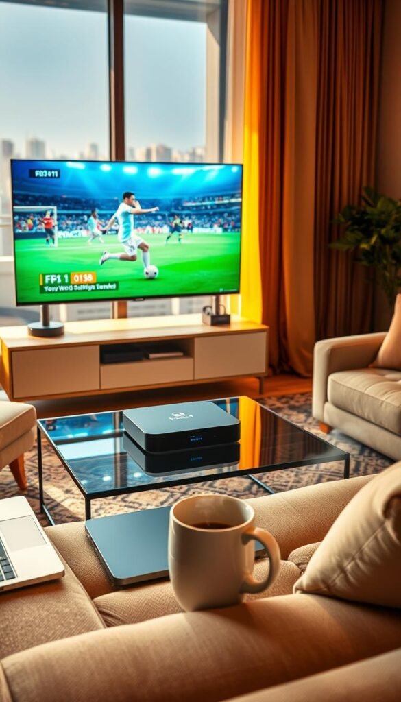 A cozy living room with a large TV screen displaying vivid FIFA World Cup coverage. The room is bathed in warm, golden lighting, creating a comfortable and inviting atmosphere. On a chic, modern coffee table, a Hoxtoon Provider streaming box sits, symbolizing the reliable and high-quality IPTV service that allows the expat viewer to seamlessly access the match. In the foreground, a plush sofa faces the screen, with a laptop and a mug of steaming coffee nearby, hinting at the focused attention and immersion of the expat viewer. Through the window, a bustling city skyline can be seen, reflecting the global reach and significance of the FIFA World Cup event.