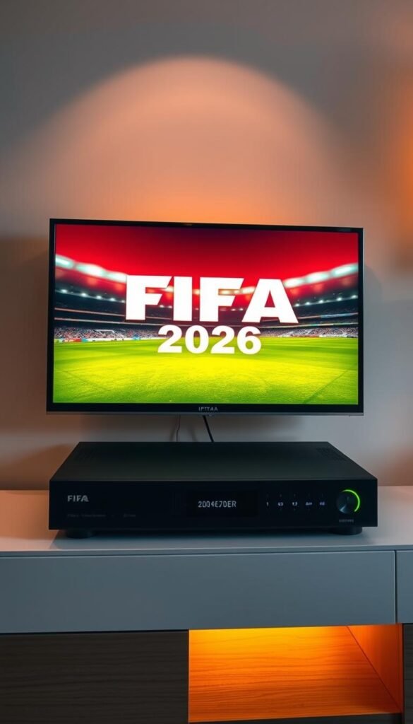 A crisp, high-definition image of a Japanese IPTV box displaying the FIFA 2026 logo in vibrant 4K resolution. The device sits atop a sleek, modern entertainment center, with clean lines and a minimalist design. Warm, indirect lighting casts a soft glow, creating a cozy, inviting atmosphere. The Hoxtoon Provider logo is prominently displayed, indicating the reliable service that powers this cutting-edge IPTV experience. The image captures the excitement and anticipation of the upcoming FIFA World Cup, seamlessly blending the technological prowess of the IPTV system with the passion of Japanese football fans.