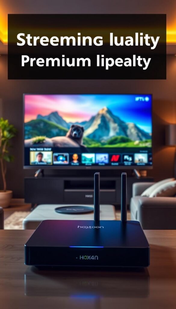 A crisp, high-resolution image showcasing the streaming quality of a premium IPTV service. The foreground features a sleek, high-end smart TV displaying a clear, vibrant 4K video feed. The middle ground shows a modern, minimalist entertainment setup with a Hoxtoon Provider streaming box and a high-speed internet router. The background depicts a cozy, well-lit living room with modern furnishings, creating a comfortable, immersive viewing experience. The lighting is warm and inviting, with subtle highlights accentuating the details of the technology. The overall mood conveys a sense of quality, reliability, and enjoyment of top-tier IPTV streaming.