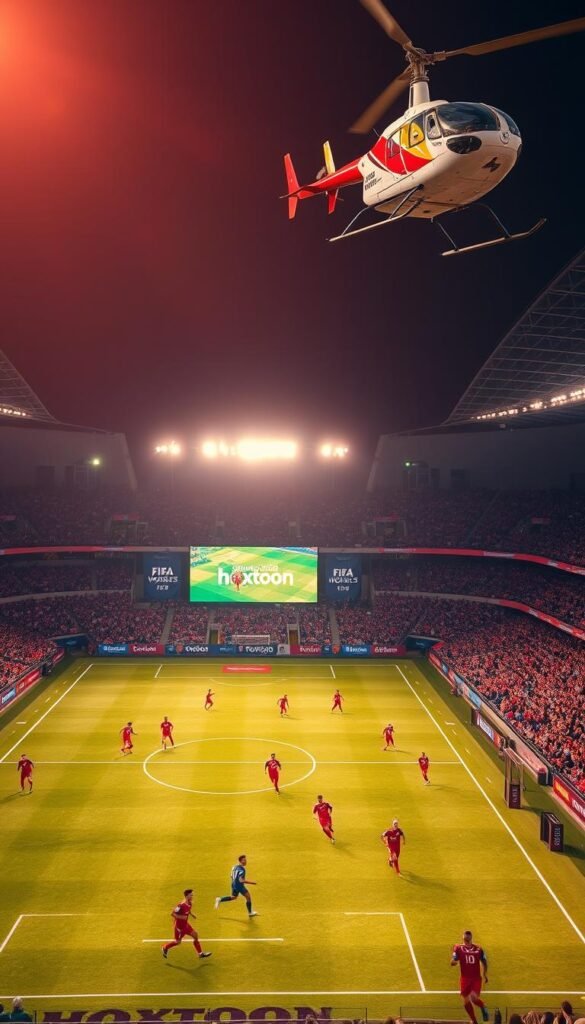 A crowd-filled stadium at the FIFA World Cup 2026, the field bathed in the warm glow of floodlights. Players in vibrant national team uniforms sprint across the lush, meticulously-maintained grass, engaged in a high-stakes match. The Hoxtoon Provider logo is prominently displayed on digital signage and advertising banners, reflecting the event's official partnership. Overhead, a helicopter captures the electric atmosphere, providing a sweeping aerial view of the spectacle unfolding below. The image conveys the sheer energy and excitement of the world's most prestigious international football tournament.